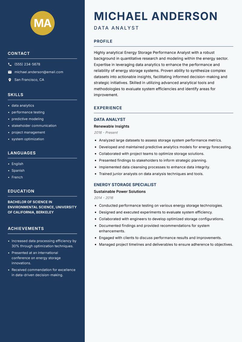 Energy Storage Performance Analyst resume template — Classic Clean