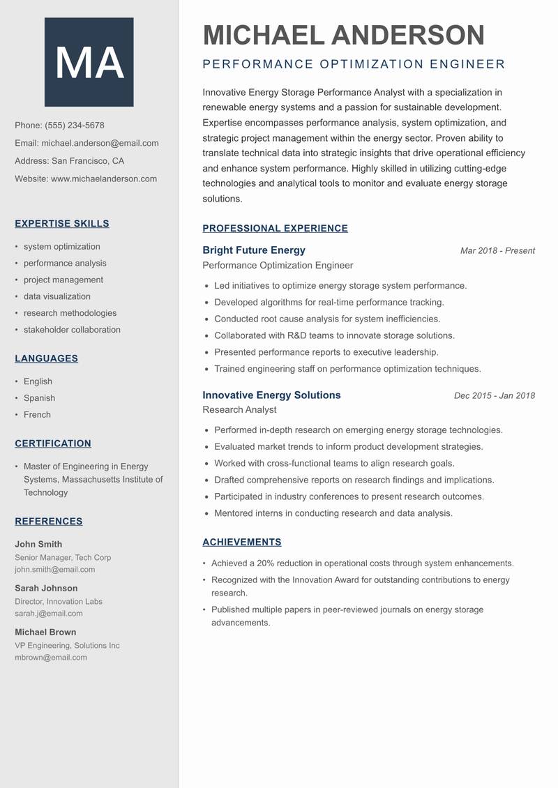 Energy Storage Performance Analyst resume template — Creative Minimal