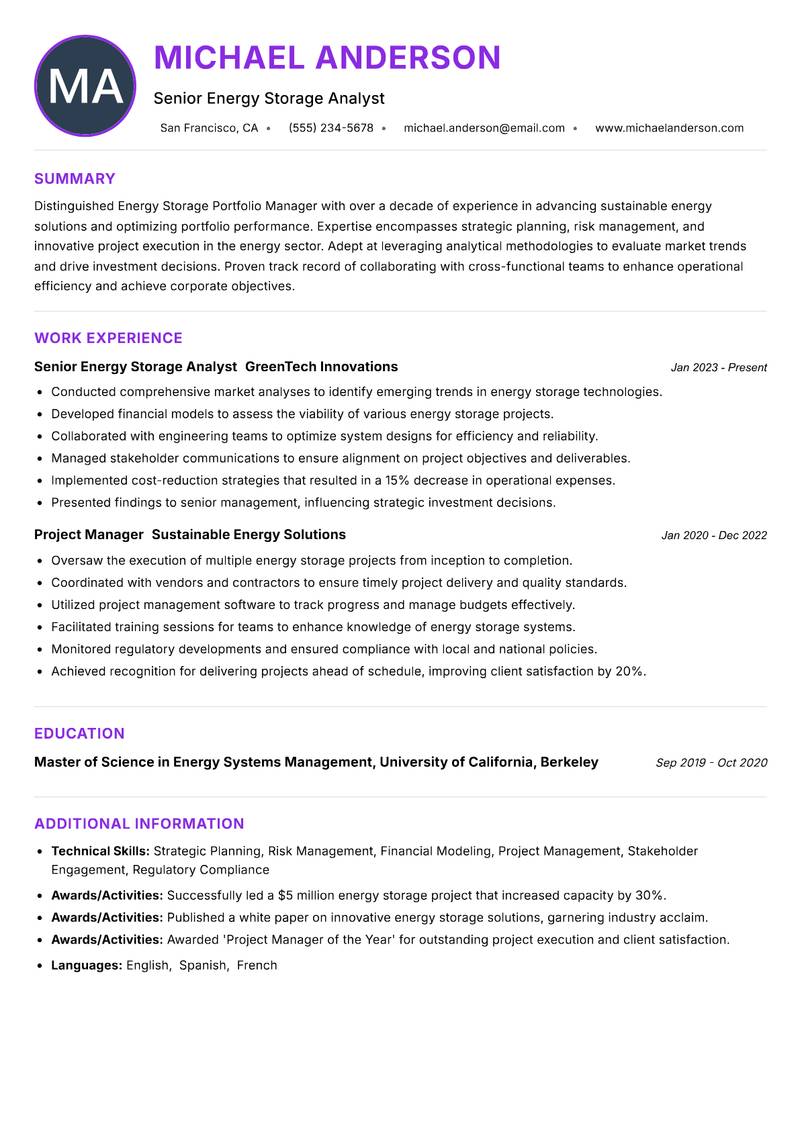 Energy Storage Portfolio Manager resume example — ATS-friendly template