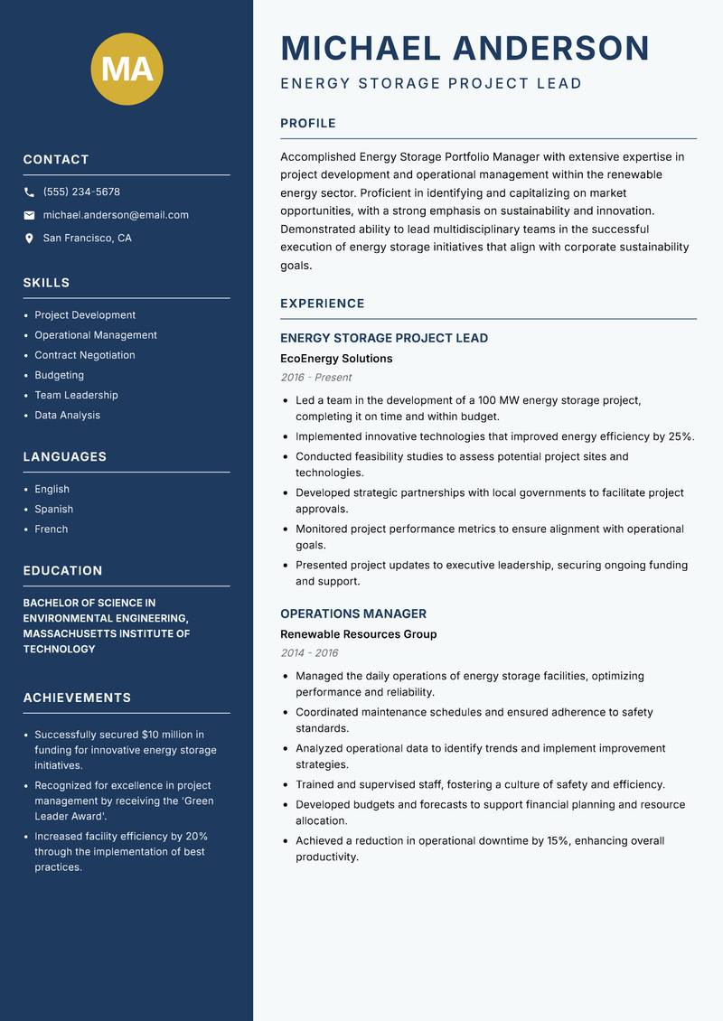 Energy Storage Portfolio Manager resume template — Classic Clean