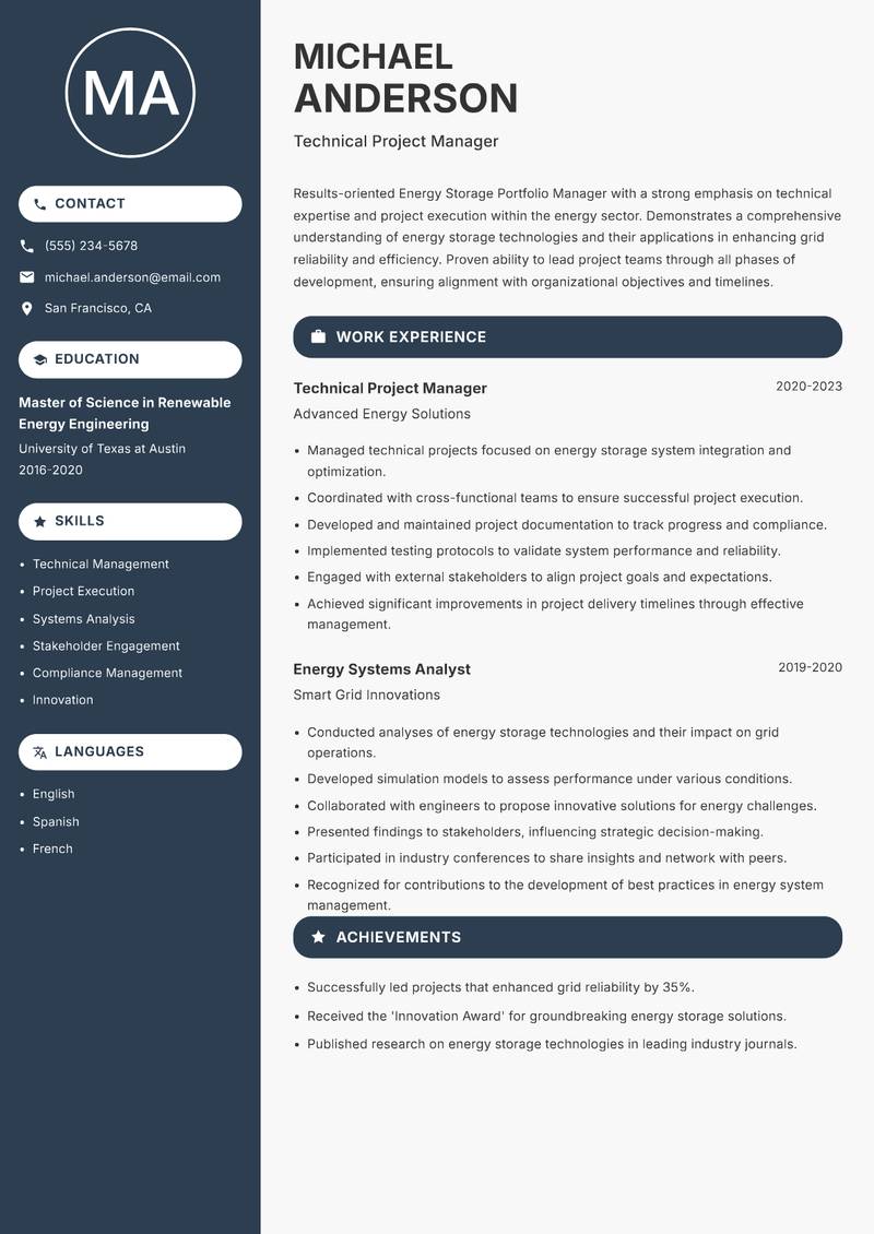 Energy Storage Portfolio Manager resume template — Compact
