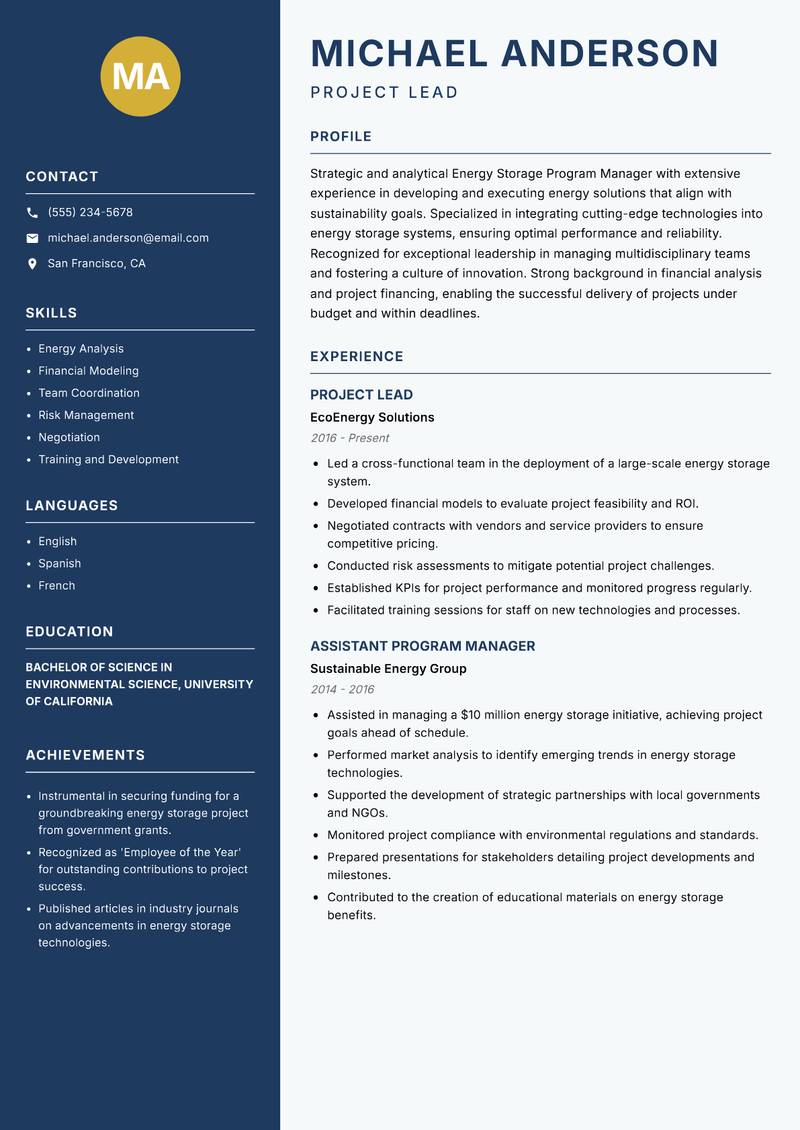 Energy Storage Program Manager resume template — Classic Clean