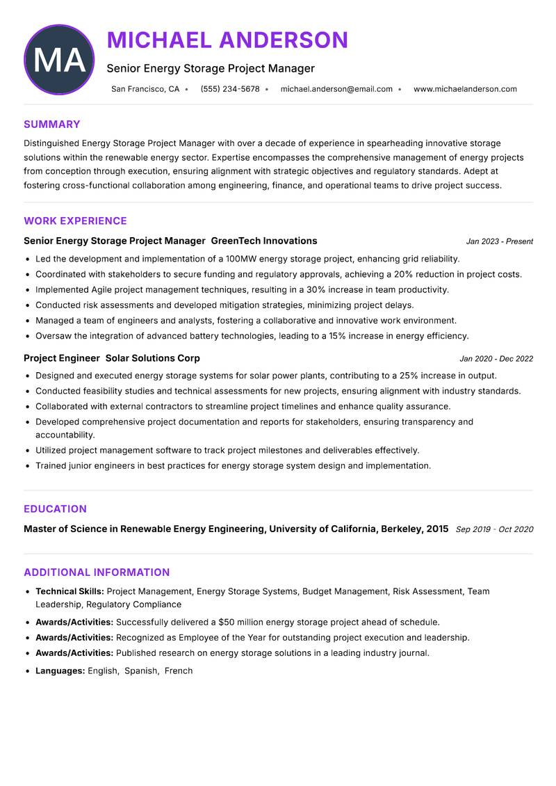 Energy Storage Project Manager resume example — ATS-friendly template