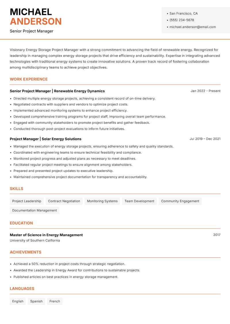 Energy Storage Project Manager resume template — Modern Professional