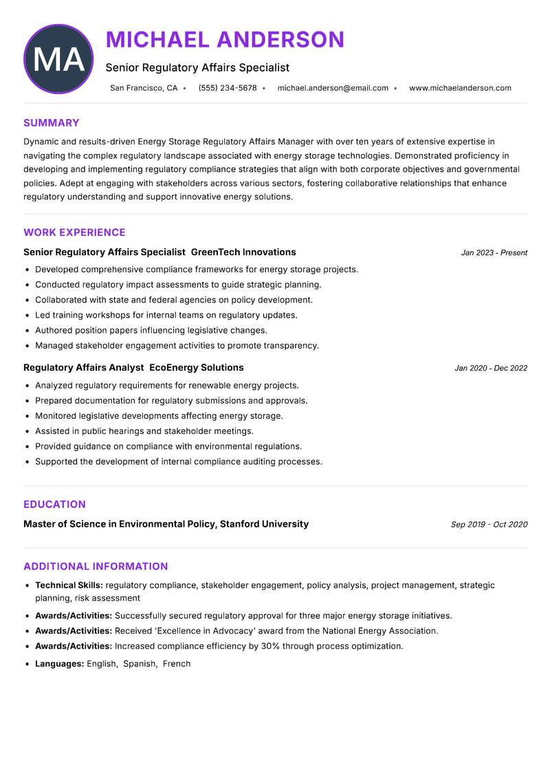 Energy Storage Regulatory Affairs Manager resume example — ATS-friendly template