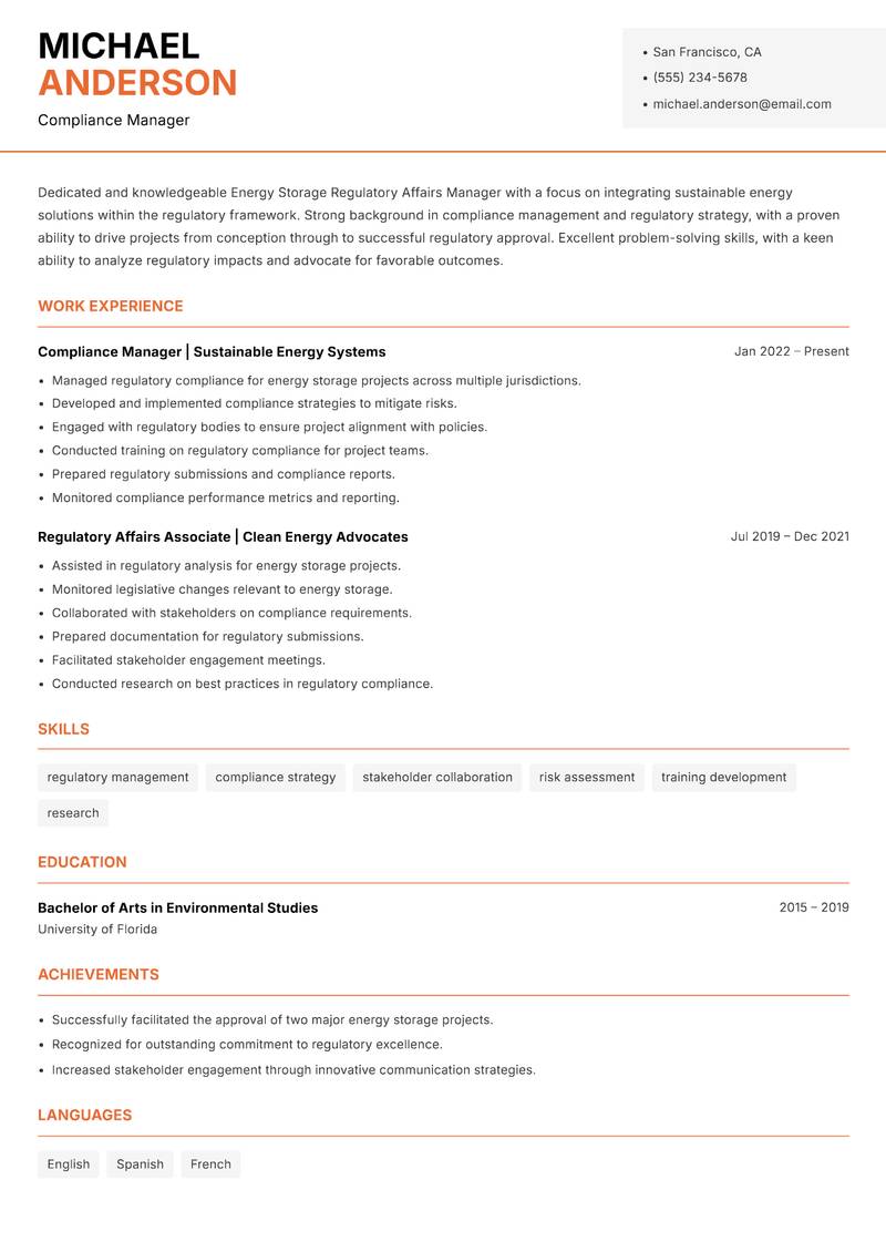 Energy Storage Regulatory Affairs Manager resume template — Modern Professional