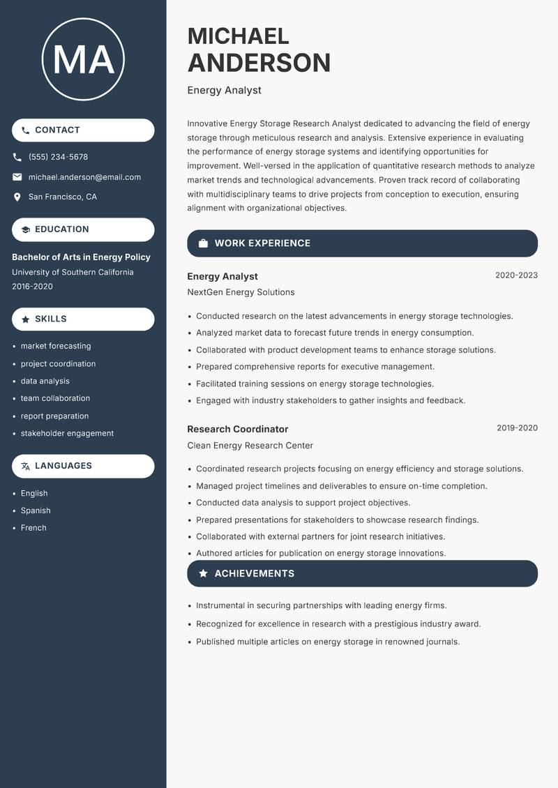 Energy Storage Research Analyst resume template — Compact