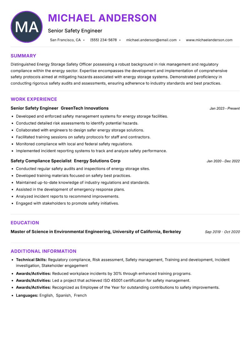 Energy Storage Safety Officer resume example — ATS-friendly template