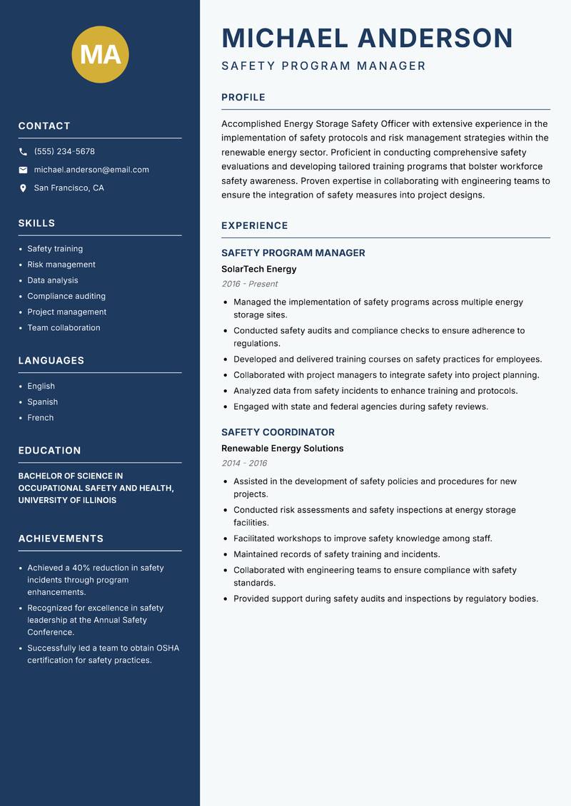 Energy Storage Safety Officer resume template — Classic Clean