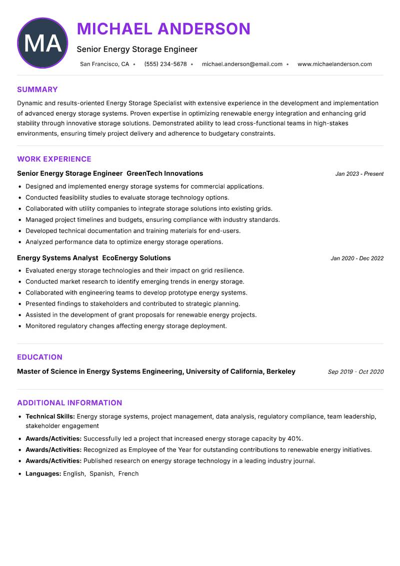 Energy Storage Specialist resume example — ATS-friendly template