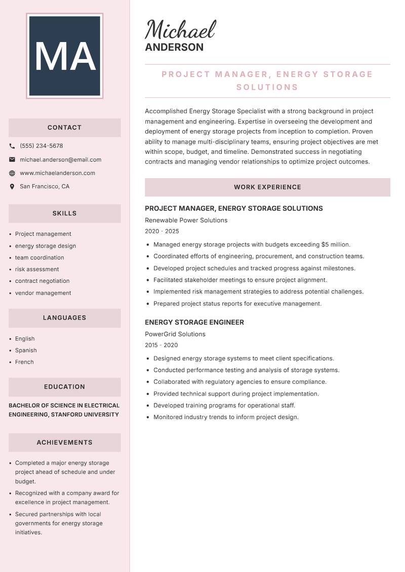 Energy Storage Specialist resume template — Executive