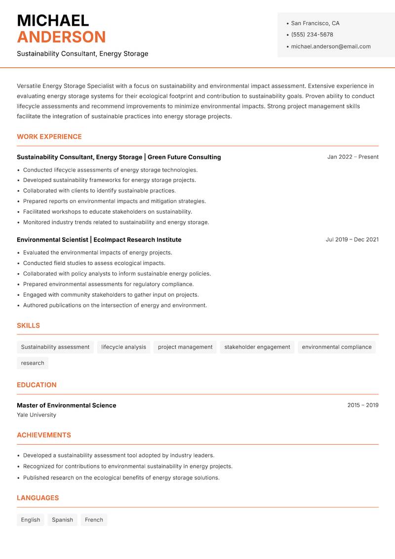 Energy Storage Specialist resume template — Modern Professional