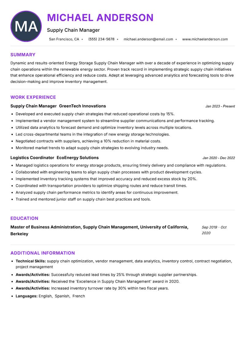 Energy Storage Supply Chain Manager resume example — ATS-friendly template