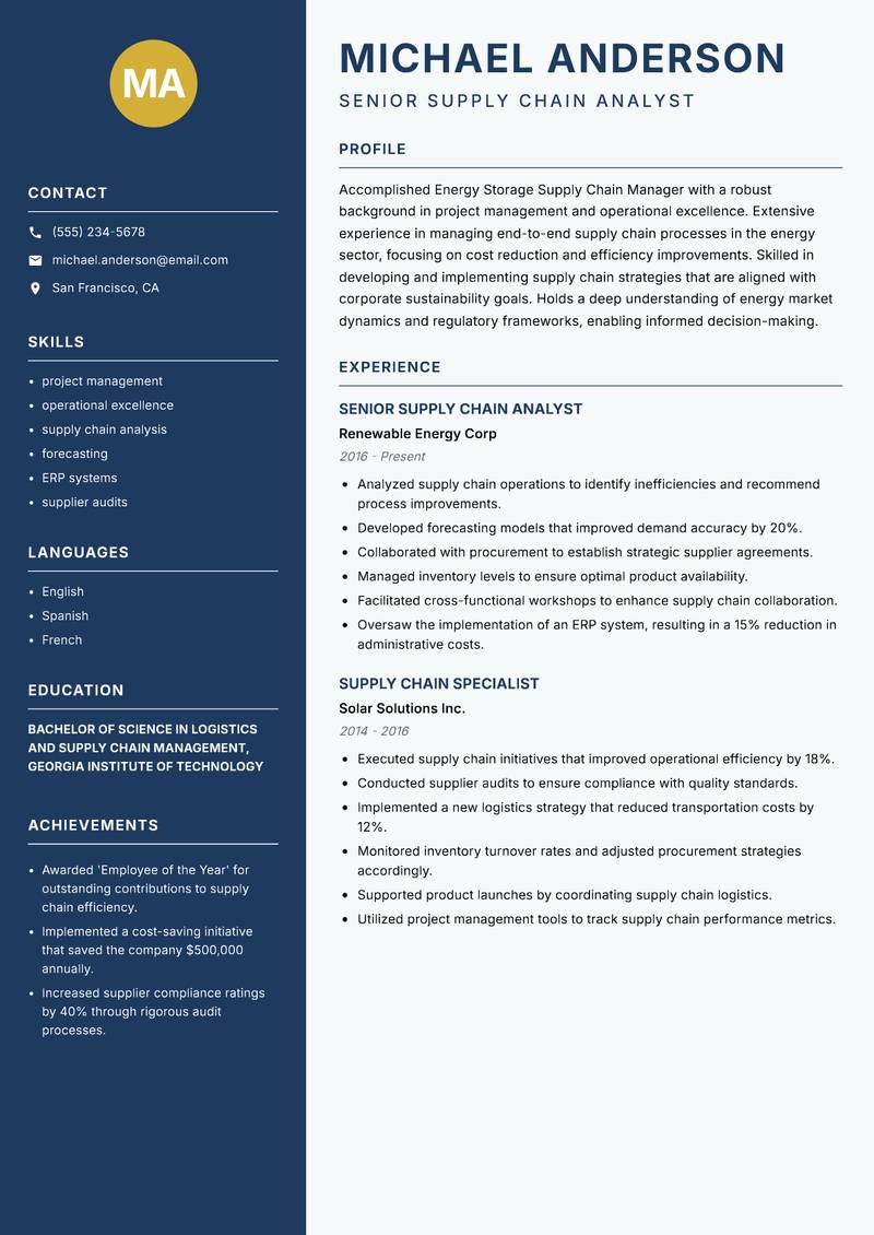 Energy Storage Supply Chain Manager resume template — Classic Clean