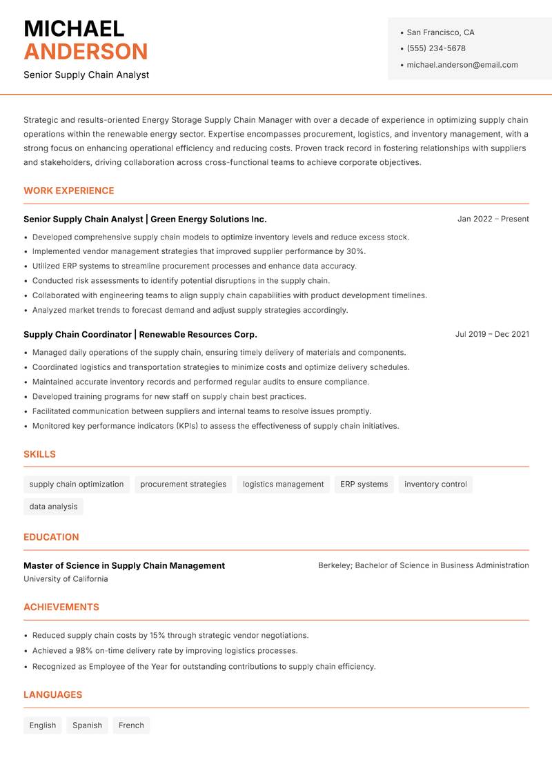 Energy Storage Supply Chain Manager resume template — Modern Professional
