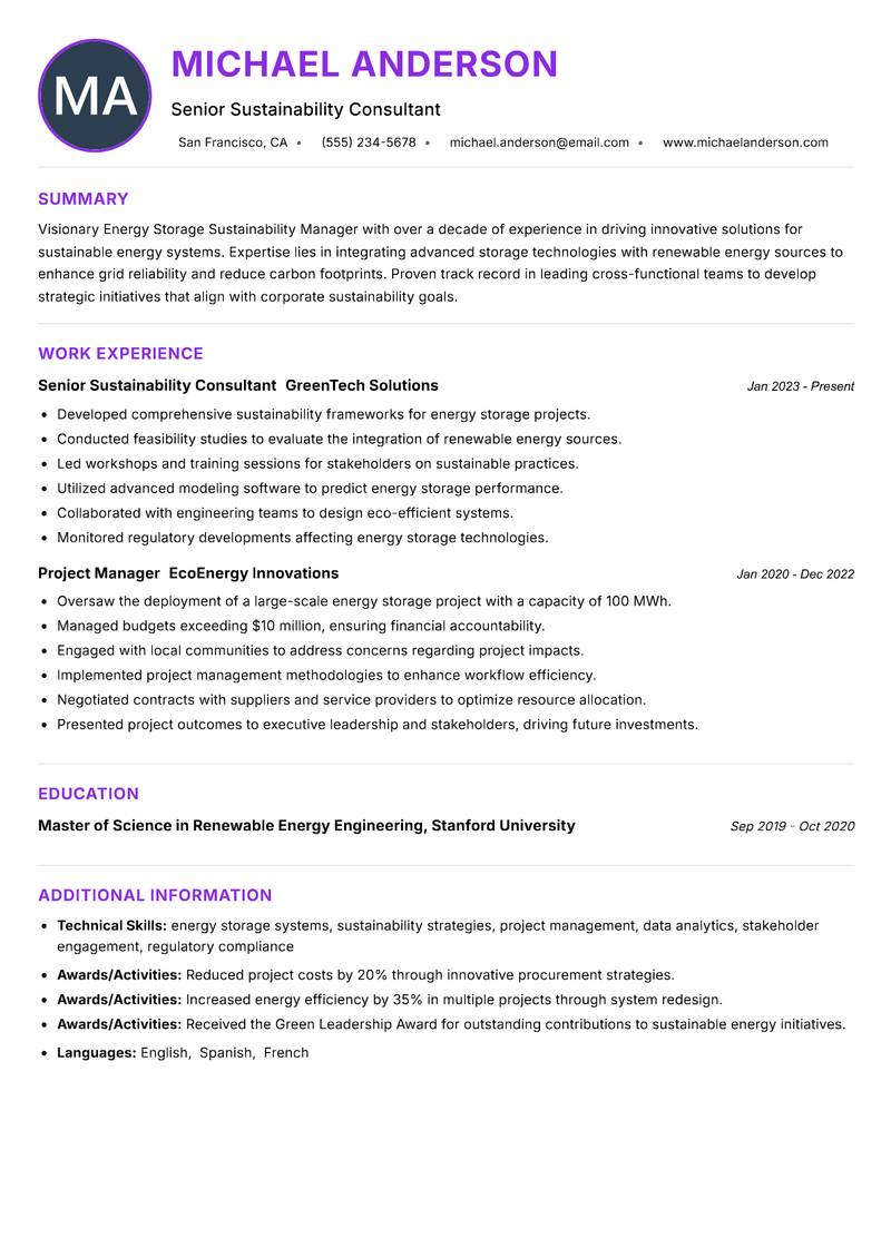 Energy Storage Sustainability Manager resume example — ATS-friendly template