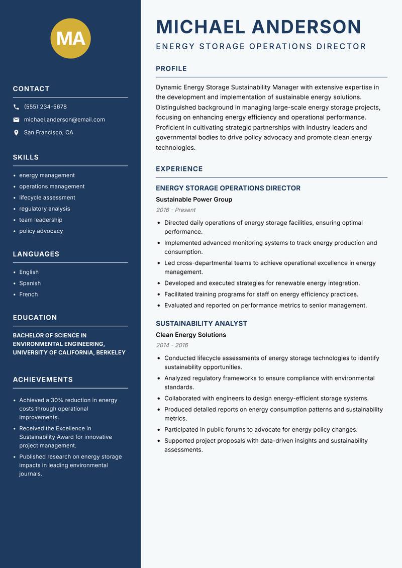 Energy Storage Sustainability Manager resume template — Classic Clean