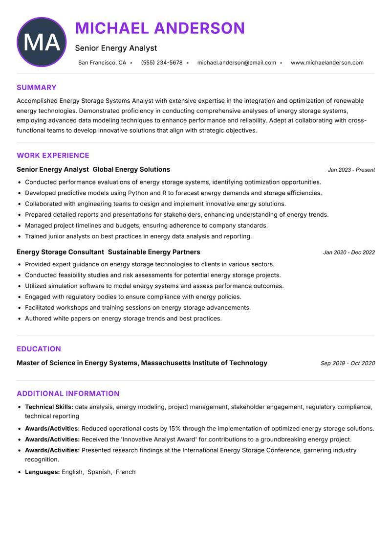 Energy Storage Systems Analyst resume example — ATS-friendly template