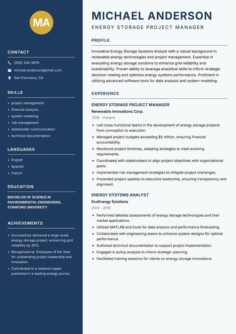 Energy Storage Systems Analyst resume template — Classic Clean