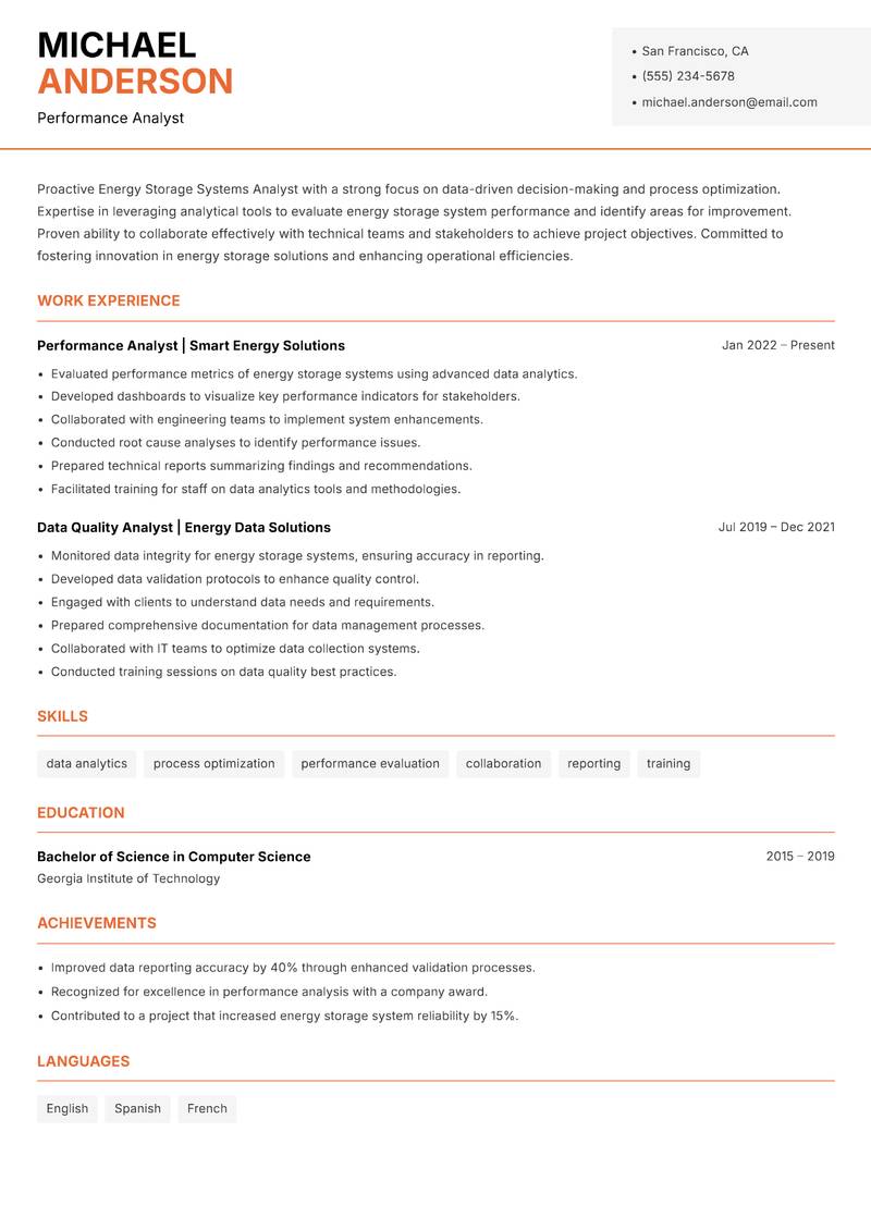 Energy Storage Systems Analyst resume template — Modern Professional