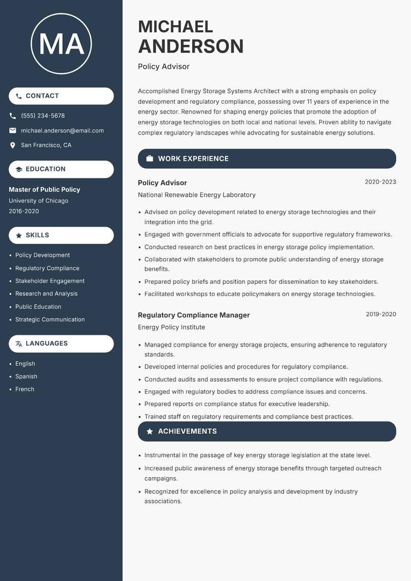 Energy Storage Systems Architect resume template — Compact