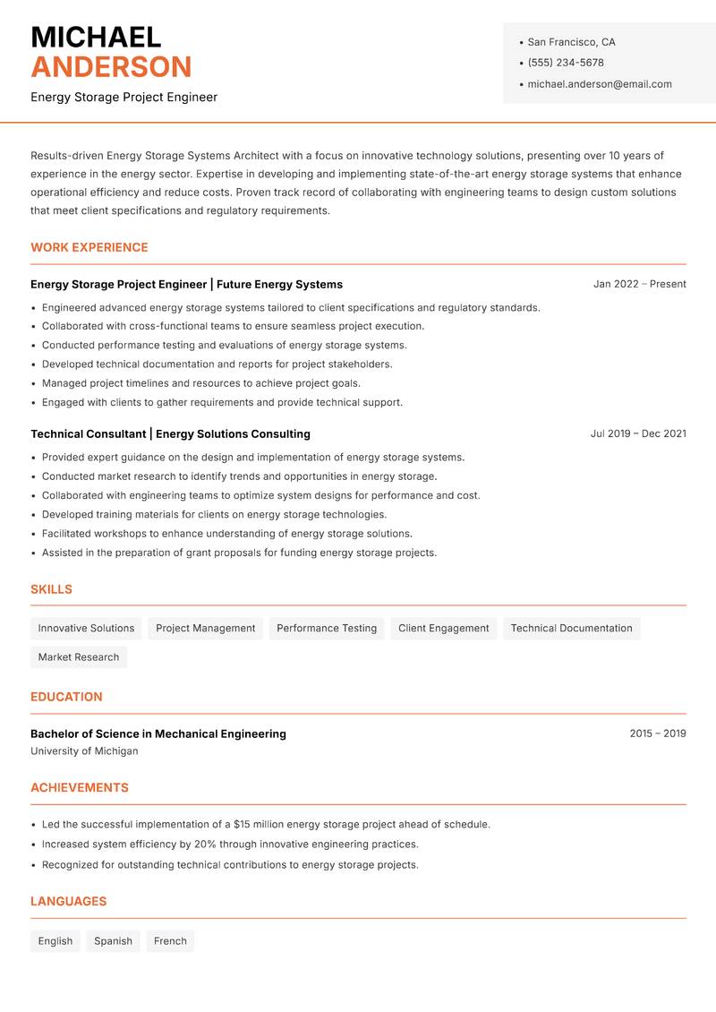 Energy Storage Systems Architect resume template — Modern Professional