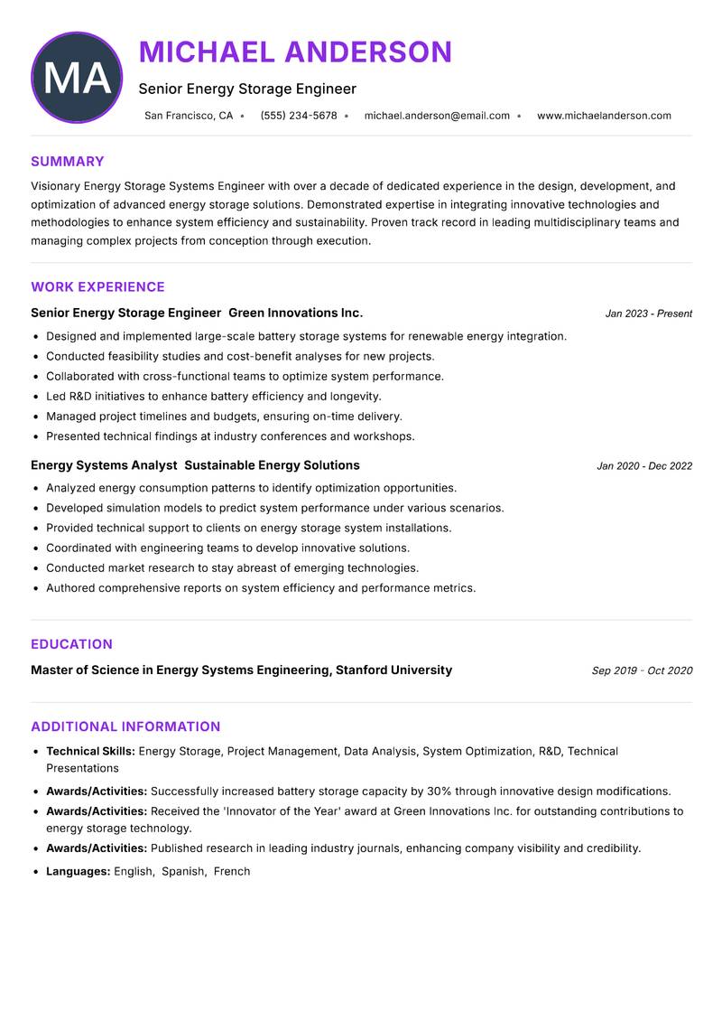 Energy Storage Systems Engineer resume example — ATS-friendly template