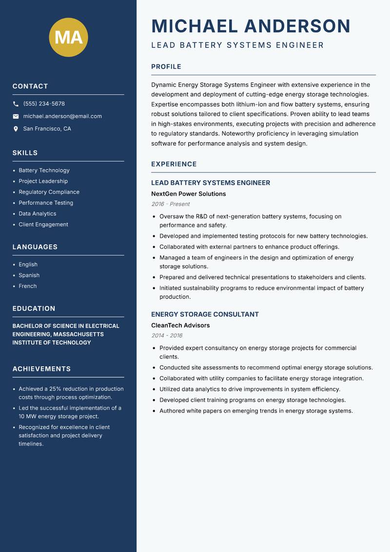 Energy Storage Systems Engineer resume template — Classic Clean