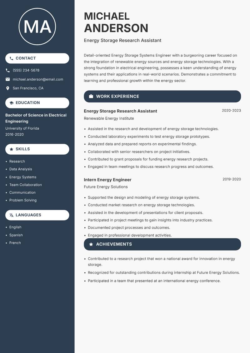 Energy Storage Systems Engineer resume template — Compact