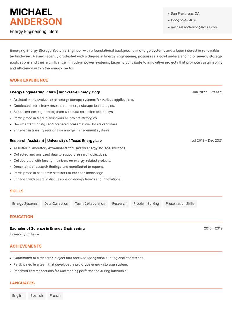 Energy Storage Systems Engineer resume template — Modern Professional