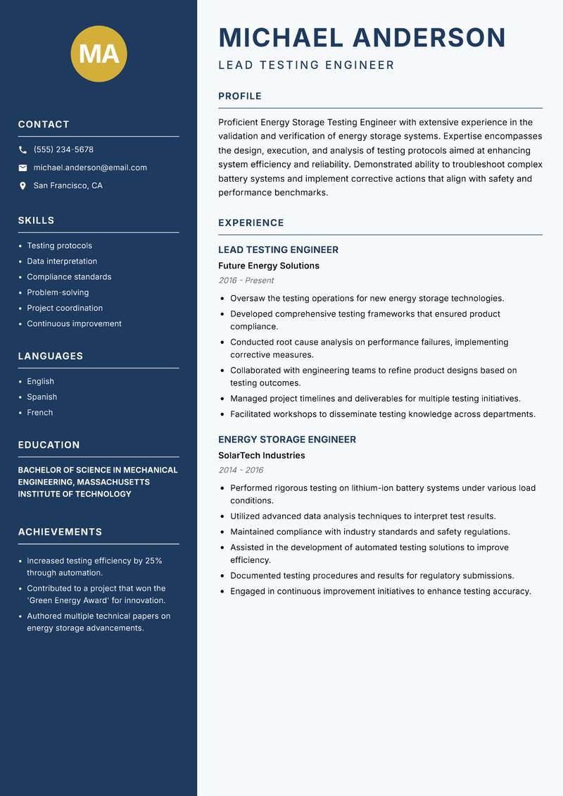 Energy Storage Testing Engineer resume template — Classic Clean