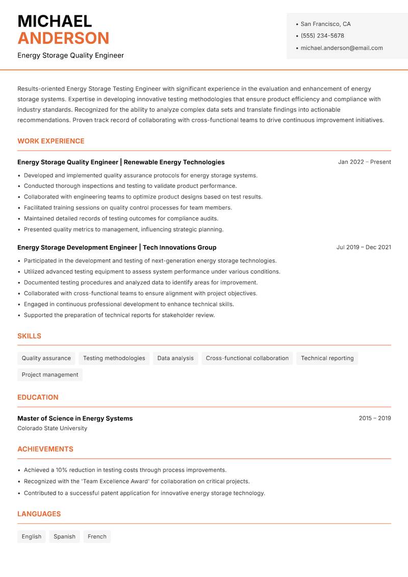 Energy Storage Testing Engineer resume template — Modern Professional