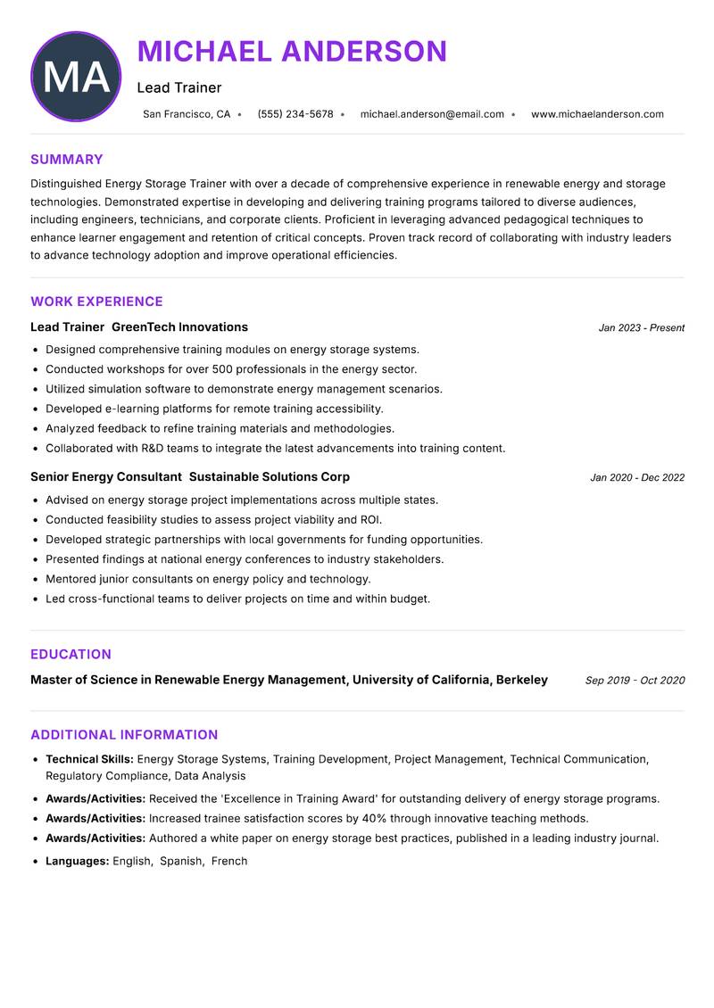 Energy Storage Trainer resume example — ATS-friendly template