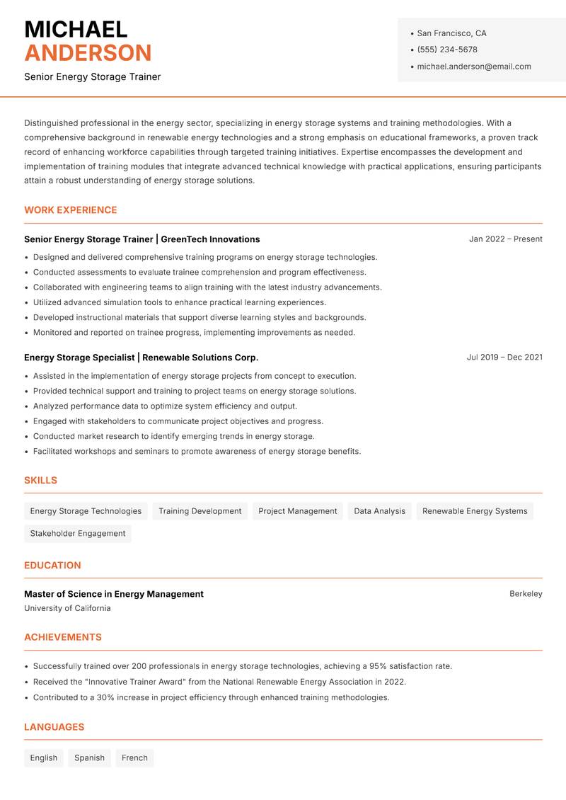 Energy Storage Trainer resume template — Modern Professional