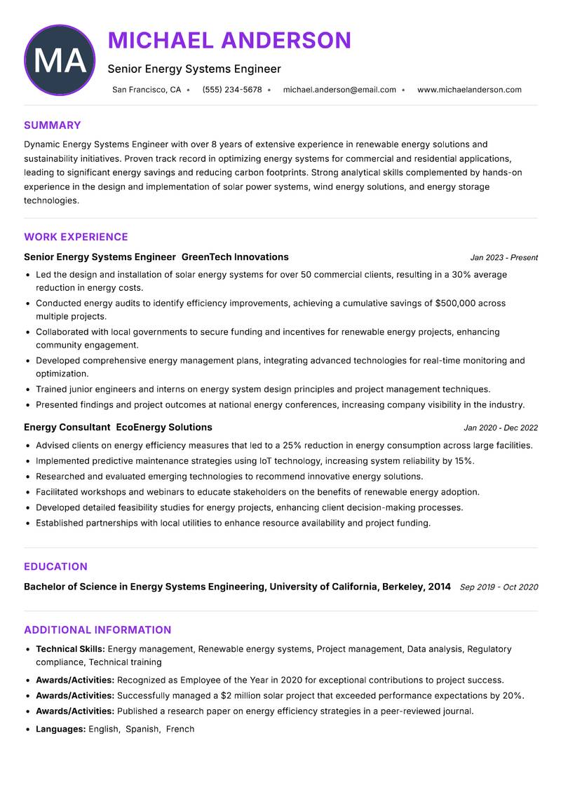 Energy Systems Engineer resume example — ATS-friendly template