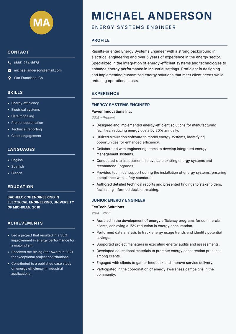Energy Systems Engineer resume template — Classic Clean