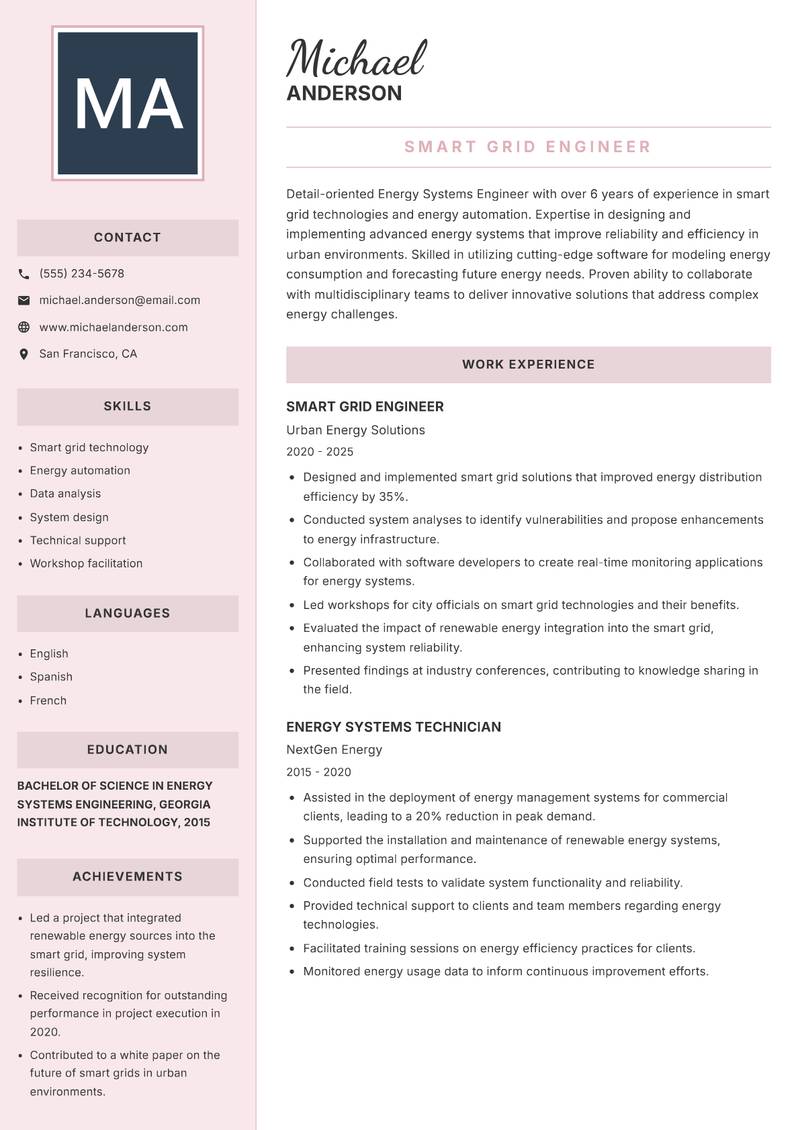 Energy Systems Engineer resume template — Executive