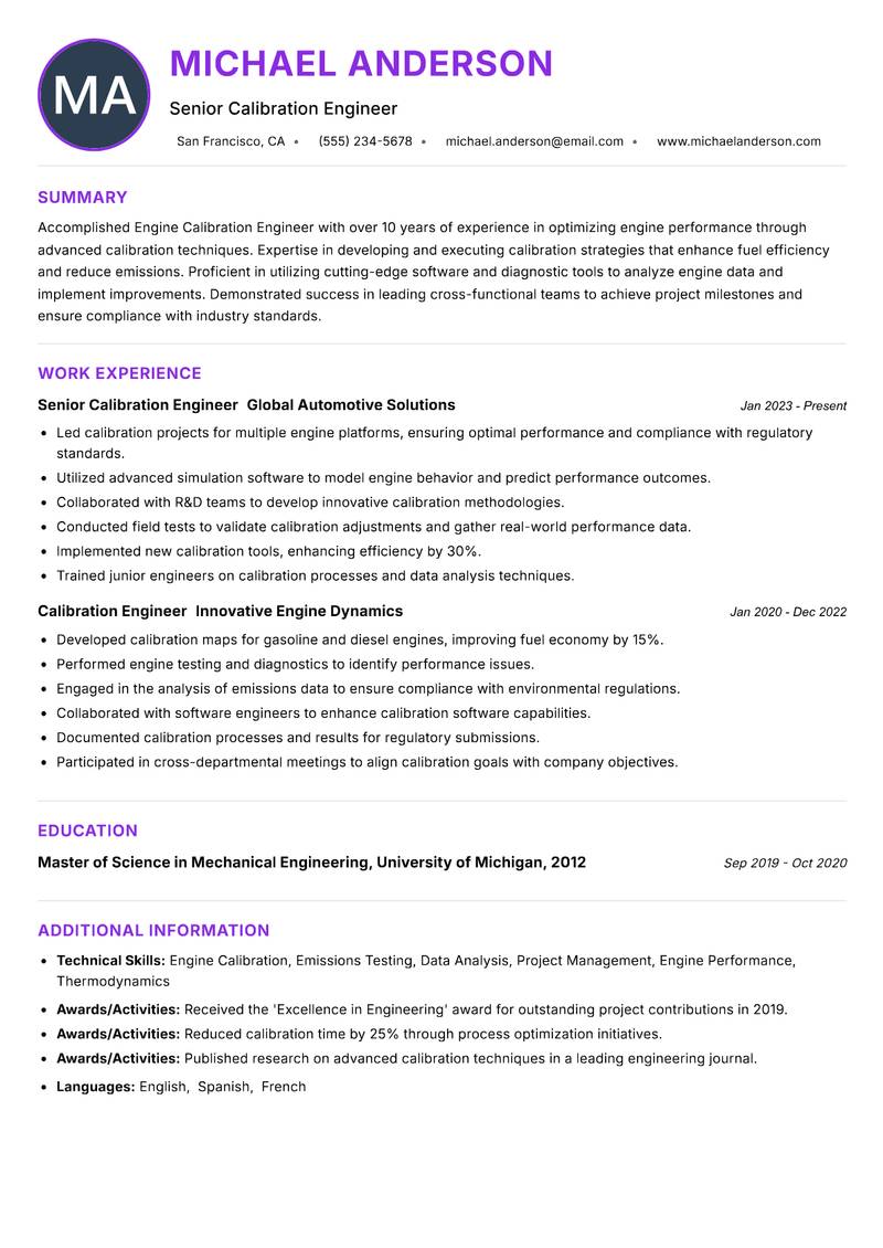 Engine Calibration Engineer resume example — ATS-friendly template