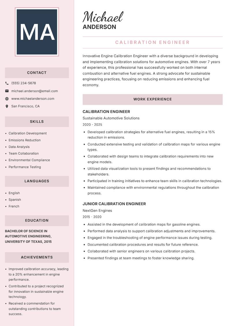 Engine Calibration Engineer resume template — Executive