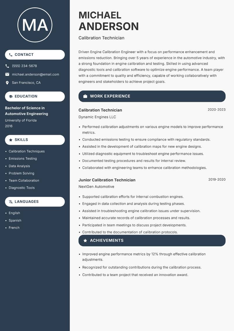 Engine Calibration Engineer resume template — Compact