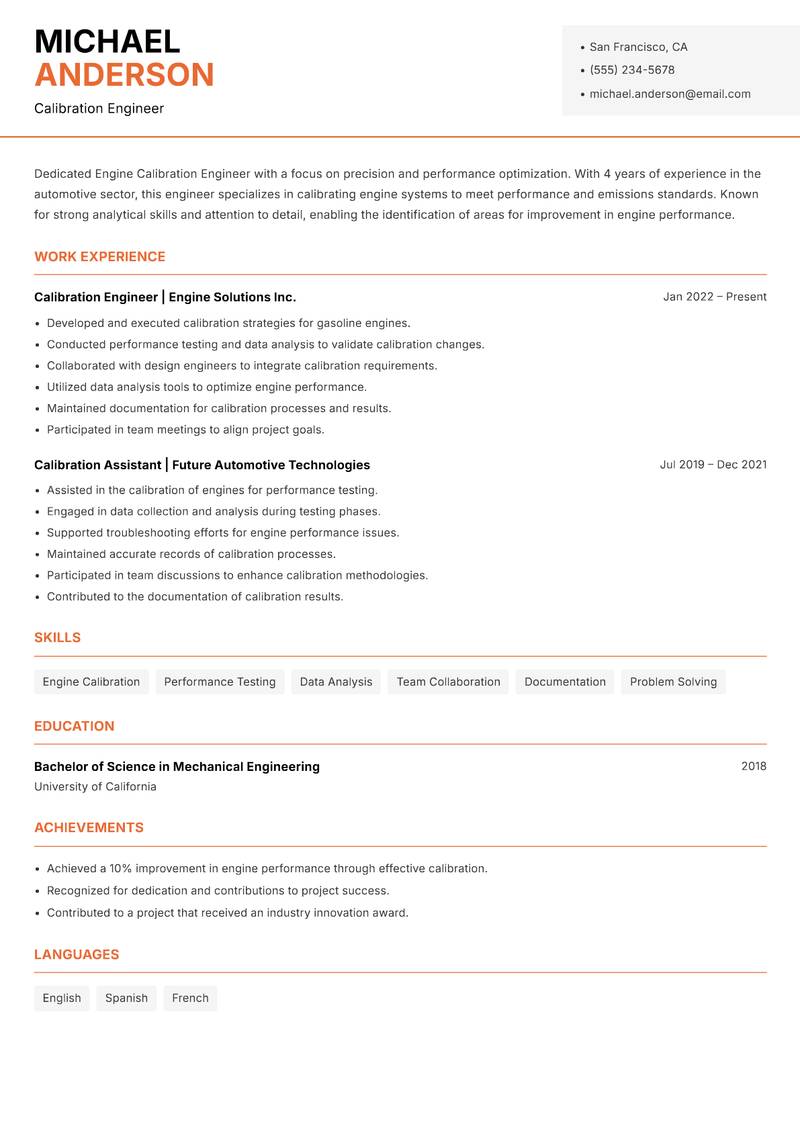 Engine Calibration Engineer resume template — Modern Professional