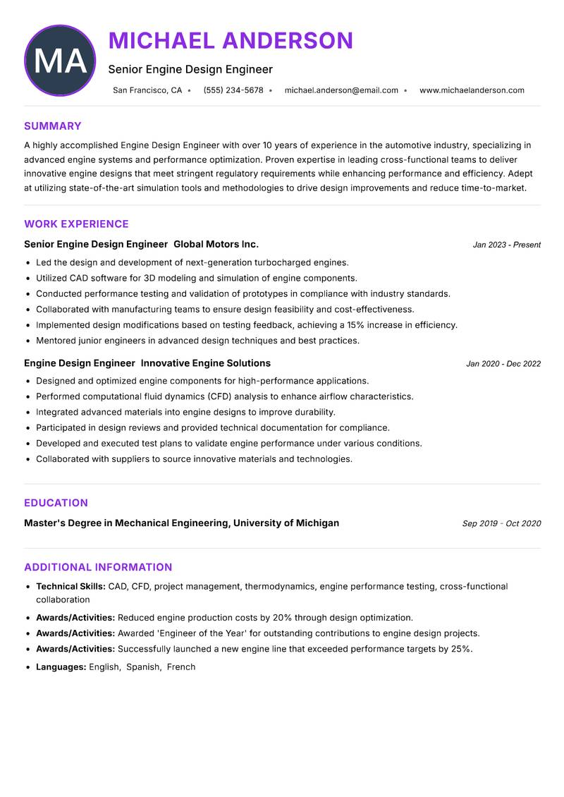 Engine Design Engineer resume example — ATS-friendly template
