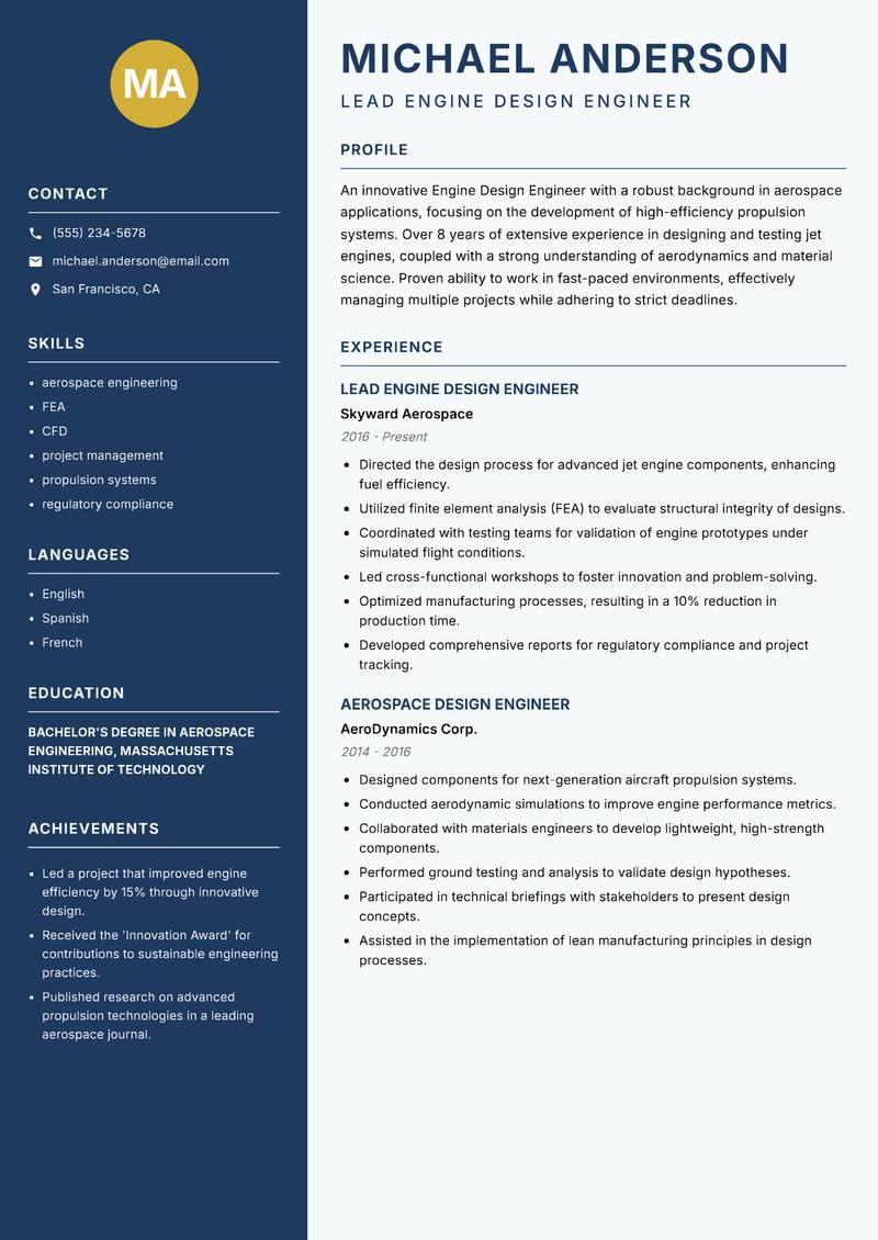 Engine Design Engineer resume template — Classic Clean