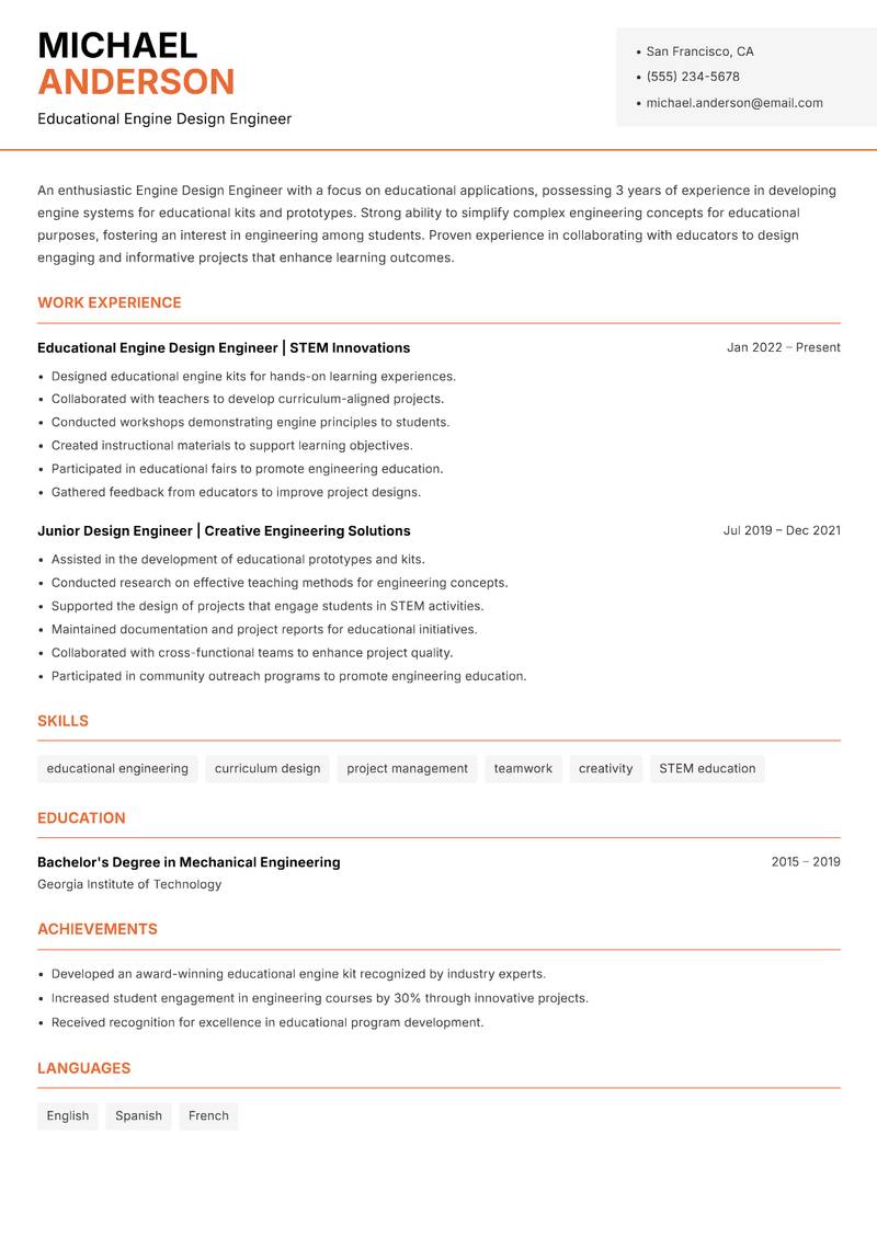 Engine Design Engineer resume template — Modern Professional