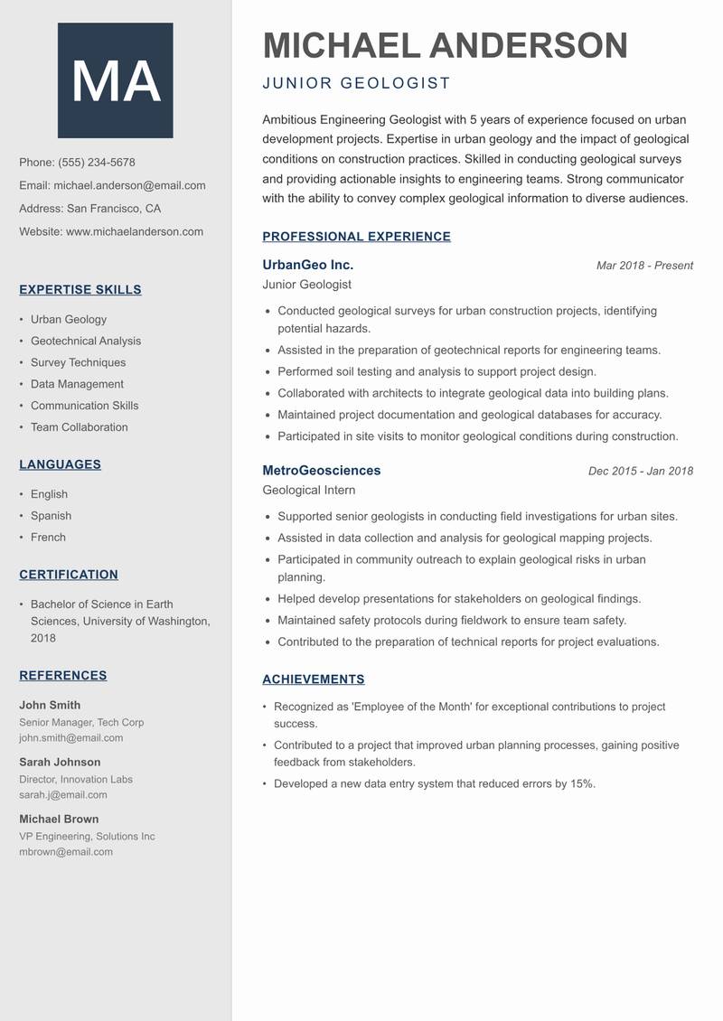 Engineering Geologist resume template — Creative Minimal