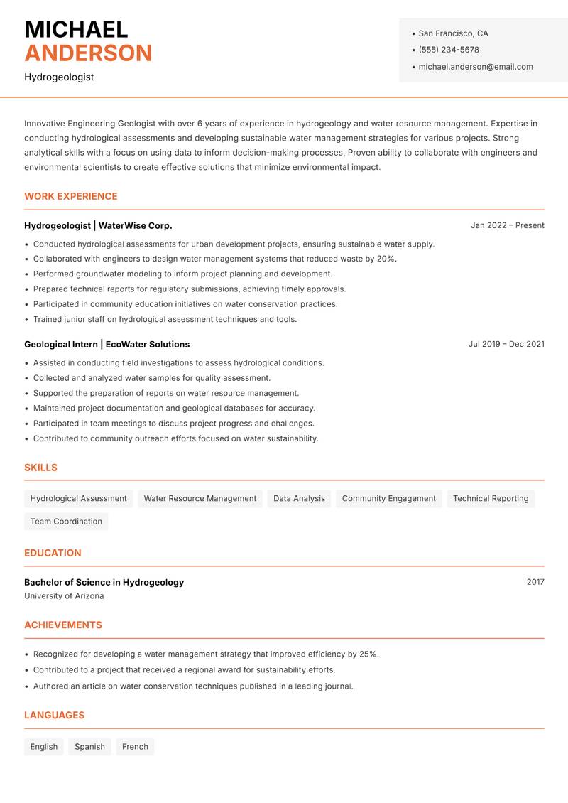 Engineering Geologist resume template — Modern Professional