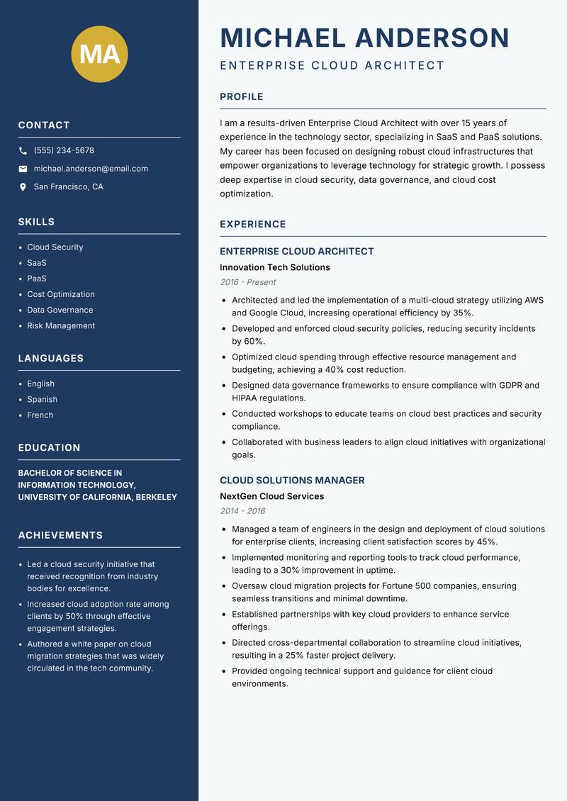 Enterprise Cloud Architect resume template — Classic Clean