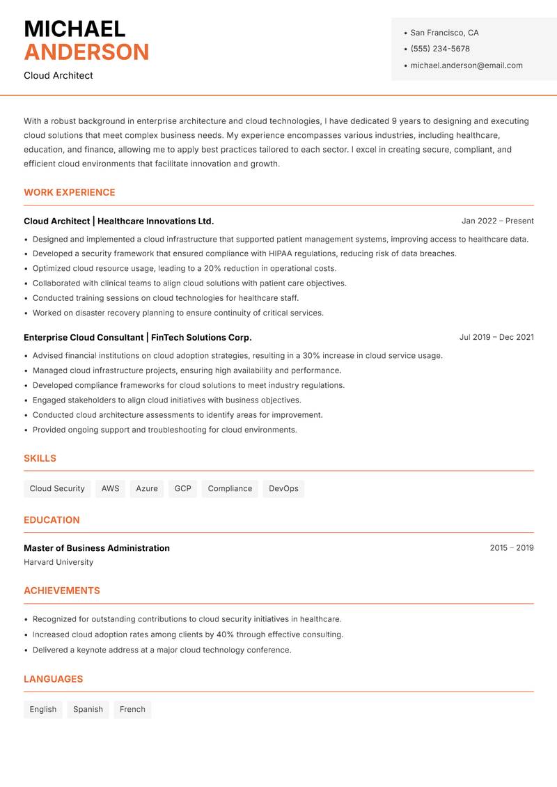 Enterprise Cloud Architect resume template — Modern Professional