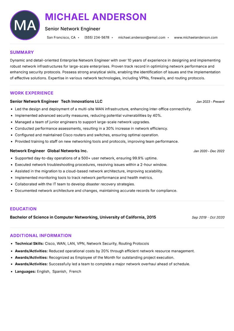 Enterprise Network Engineer resume example — ATS-friendly template