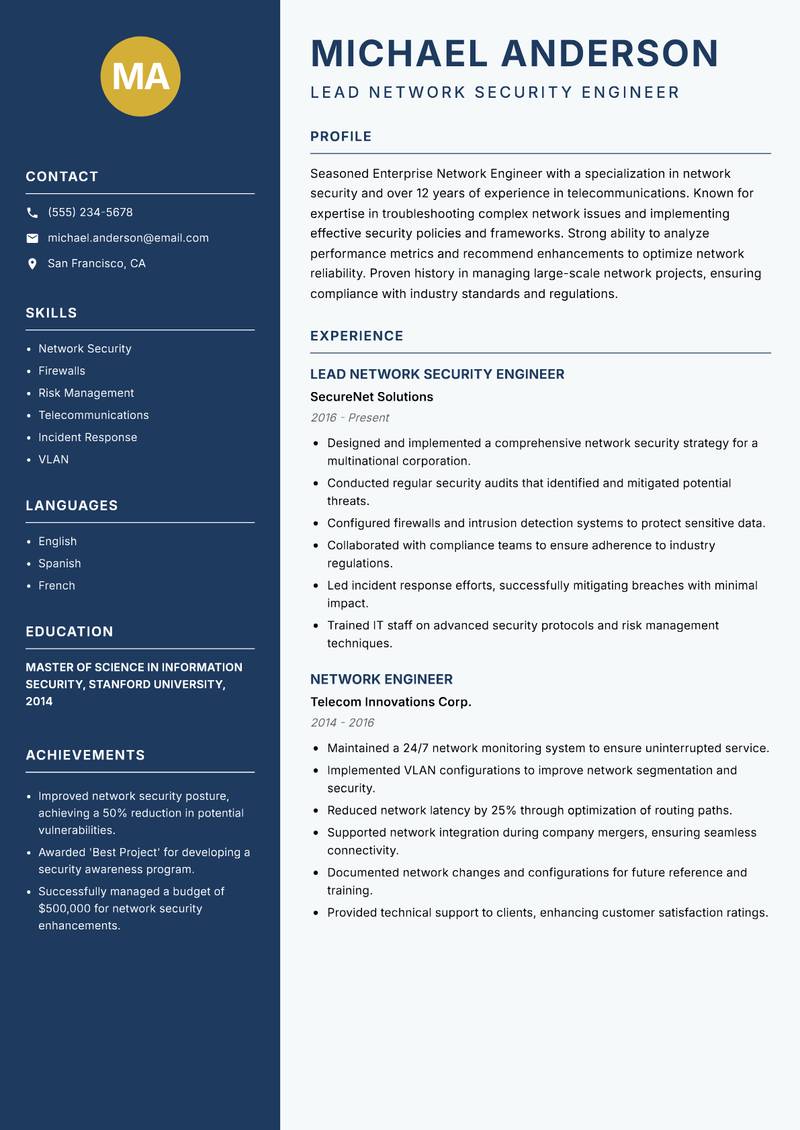 Enterprise Network Engineer resume template — Classic Clean
